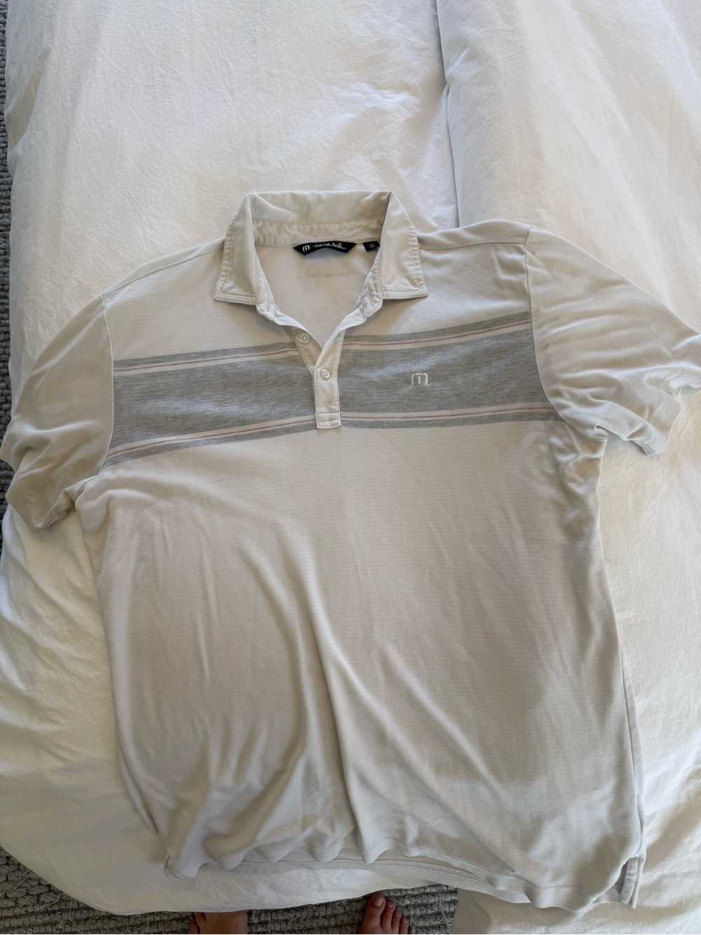 Travis Mathew Men's Cream Polo with Gray Chest Stripe